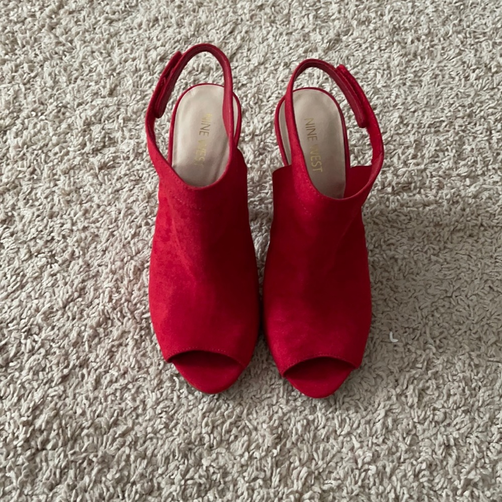 Red Faux Suede Peep-Toe Heels